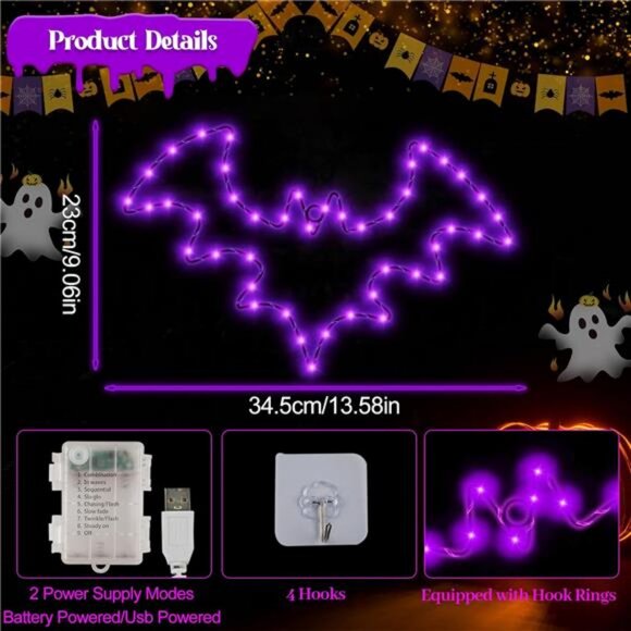 Halloween Decorations, 2 Pack Bat Window Lights, 8 Modes Battery Operated Timer - Picture 3 of 8